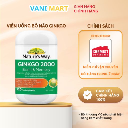 Nature's Way High Strength Ginkgo Biloba 2000mg Hỗ Trợ Tuần Hoàn Máu Não Hộp 120 Viên